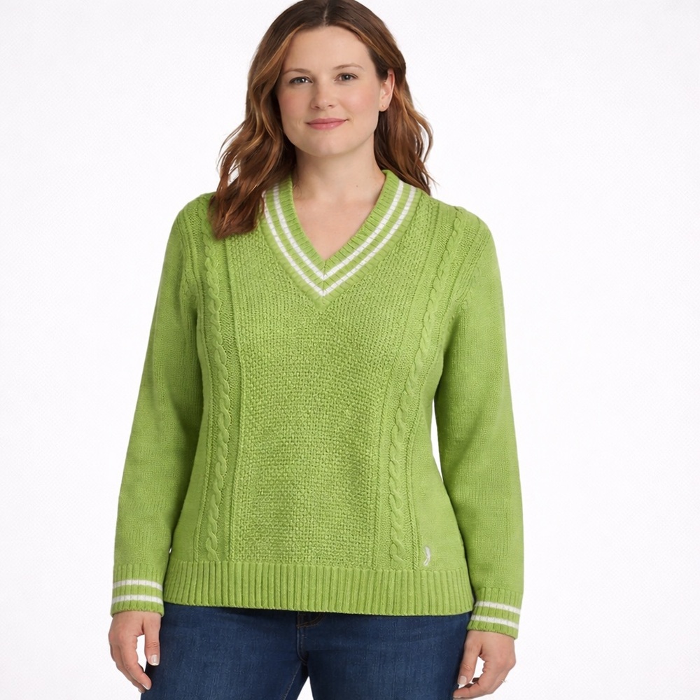 IZOD Cable Knit Golf Tennis Sweater Green V-Neck Cotton Japan Women’s Large